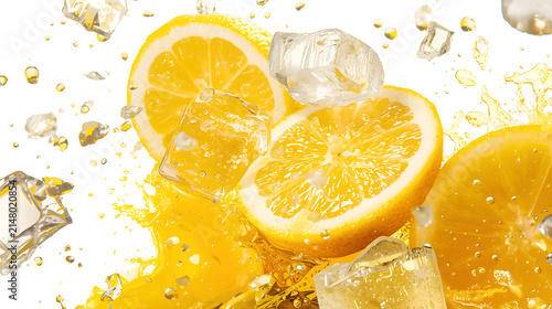 Juicy Orange Splash: Slices of vibrant orange are captured in a refreshing splash of liquid, surrounded by ice cubes and water droplets, creating a dynamic and invigorating visual.