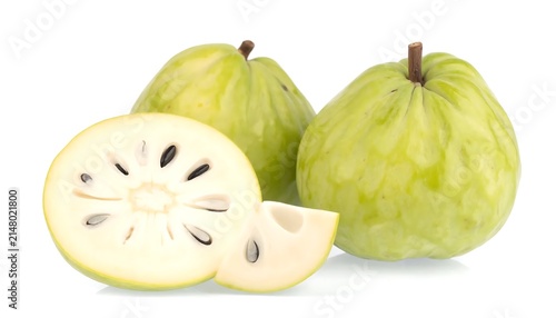 Two green pears with happy faces on white background.