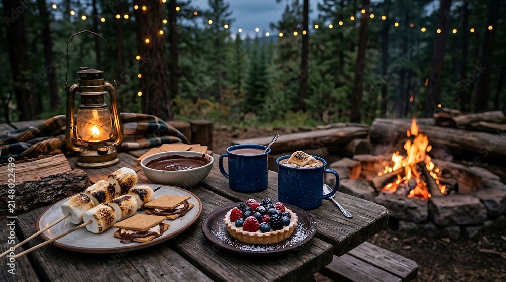 Fototapeta premium Delicious s mores and berry tart served on a wooden table by a campfire at night. cozy campsite cuisine
