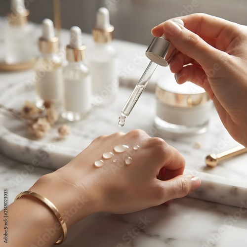 스포이트로 손등에 에센스 스킨케어 제품을 떨어뜨리는 모습
Dropping essence skincare product onto the back of a hand with a dropper