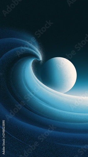 A minimalist duotone gradient illustration of a stylized ocean current sweeping around a large celestial sphere, featuring smooth textures and deep blue tones.