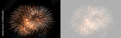 Konstfotografi Bright golden fireworks display burst overlay isolated on transparent background