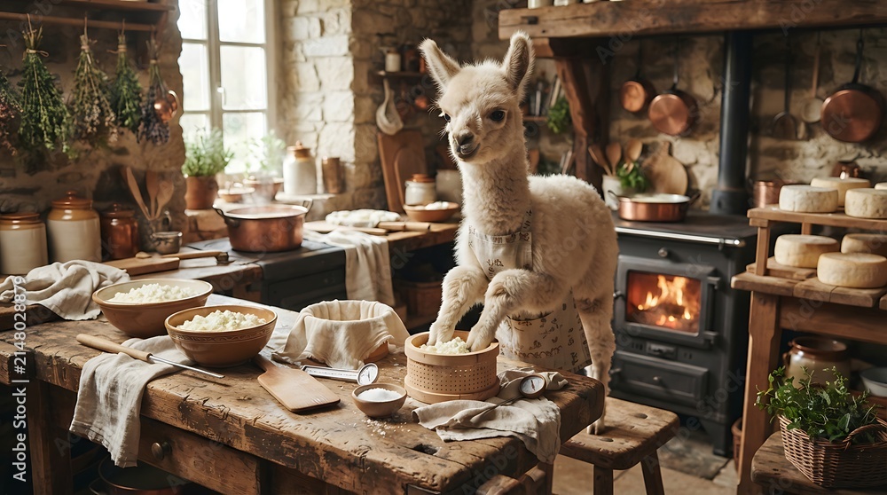 Fototapeta premium A cute fluffy white alpaca standing in a rustic farmhouse kitchen preparing cheese.