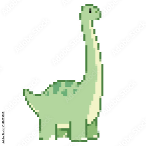 Cute Pixel Art Green Sauropod Dinosaur Isolated on White