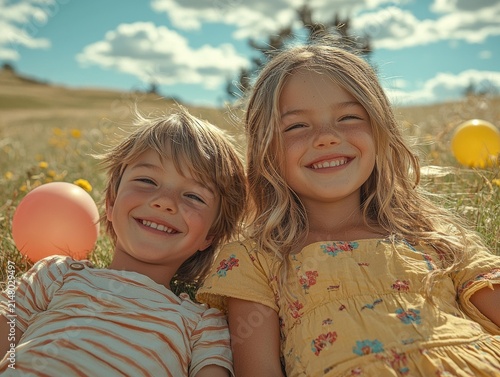 Two smiling children lie in a grassy field with balloons. AI.