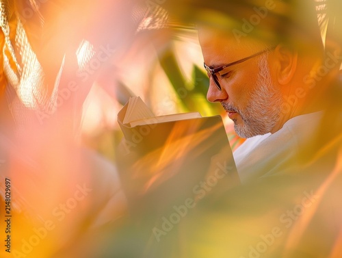 A man with glasses and a beard reads a book, framed by warm, blurred foliage. AI.