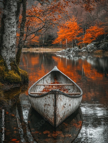 A rustic canoe filled with fallen leaves floats on a calm lake, surrounded by vibrant orange autumn trees and reflections. AI.