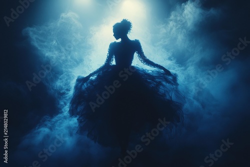 A silhouette of a woman in a full skirted dress stands surrounded by ethereal blue smoke and light. AI.