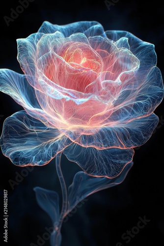 An abstract, glowing rose with blue and pink bioluminescent veins against a dark background. AI.