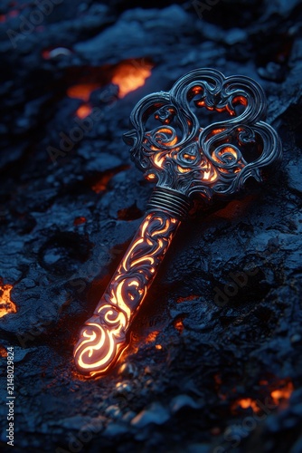 An ornate, metallic key glows with orange light against a dark, rocky surface with glowing embers. AI.