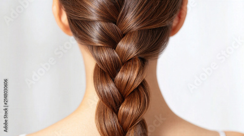 Shiny brown hair braid on woman back with smooth texture and healthy look