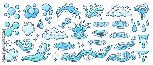 Collection of hand-drawn water splashes, bubbles, and waves