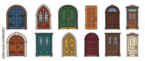 Collection of Diverse Vintage Door Illustrations Isolated