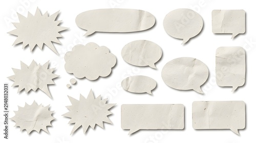 Collection of Crumpled White Paper Speech Bubbles and Thought Clouds for Communication and Creative Design