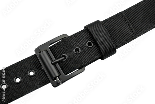 Black tactical nylon belt with metal buckle isolated on dark background