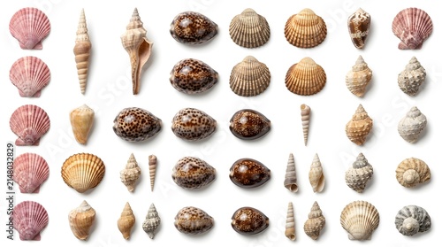 Scientific collection of various seashells including scallops and snail shells arranged in a grid on white background for marine study