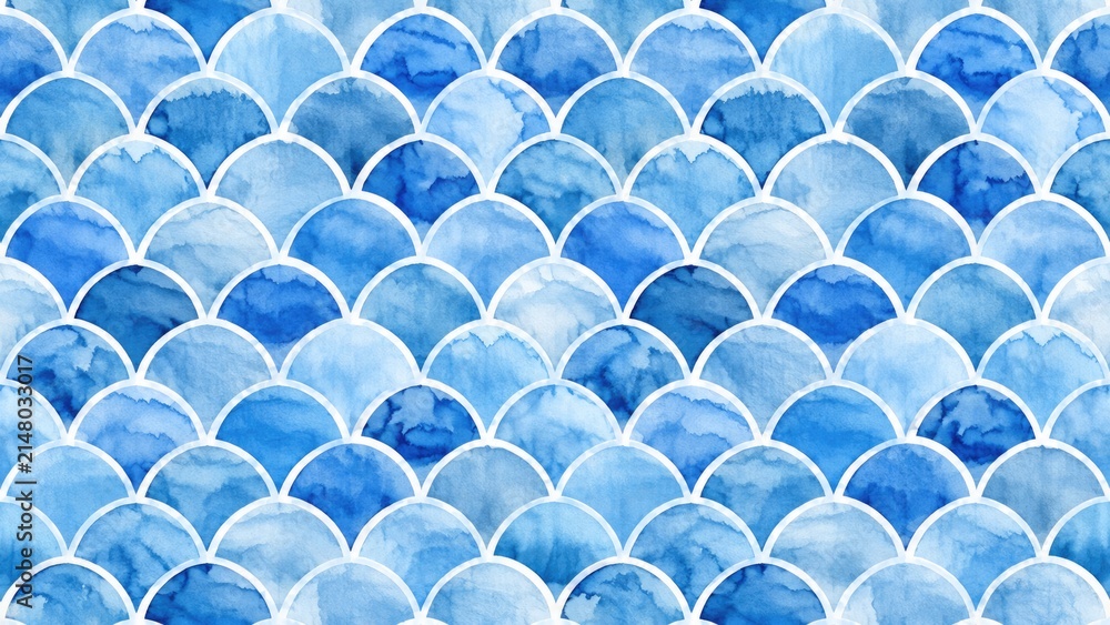 Fototapeta premium Seamless blue watercolor scallop pattern background with artistic hand painted texture