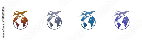 Airplane flying over globe icons set for global travel and tourism design