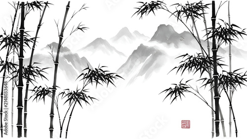 Elegant black bamboo stalks rendered in traditional Chinese ink wash painting style with delicate soft strokes