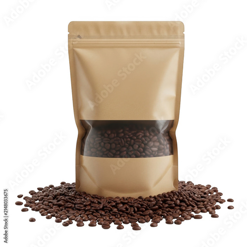 Brown coffee bean package standing on pile of coffee beans