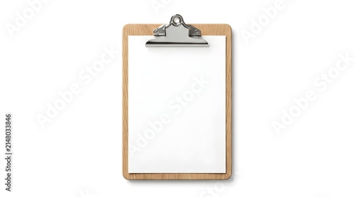 A wooden clipboard holding a blank sheet of white paper against a plain white background, perfect for note-taking or document display