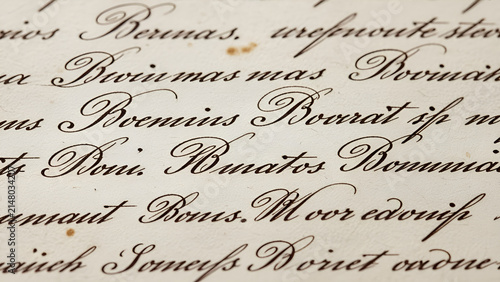 Elegant historical handwritten cursive calligraphy script flowing across textured aged cream colored parchment paper surface macro