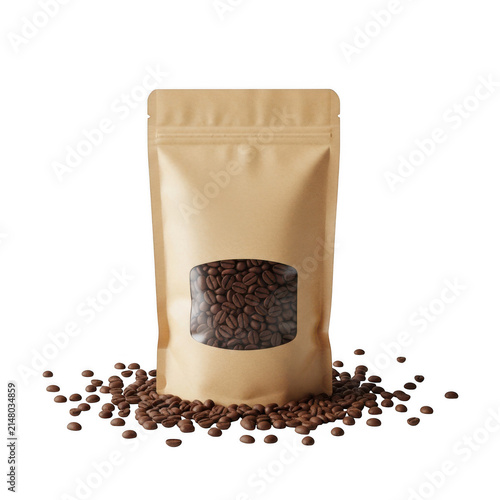 Coffee beans in an open kraft paper bag with scattered beans around