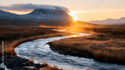 Arctic Dawn: Sunrise over Winding Glacial Stream in Laponian Wilderness, Sweden