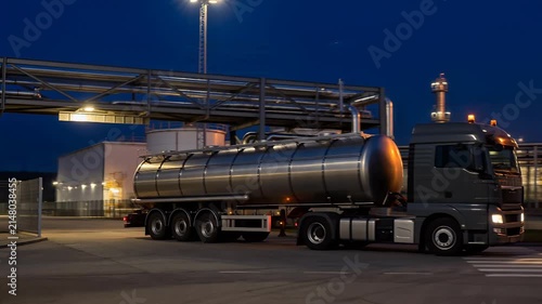 Truck with tank ride out from a huge oil plant at night time. Aerial view. Drone footage