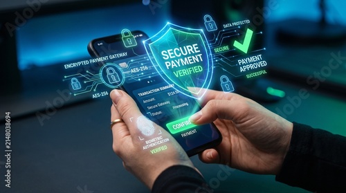 Secure mobile payment technology featuring cybersecurity shield and encrypted transaction verification on smartphone screen for safe digital banking, fintech fraud prevention, and data protection.