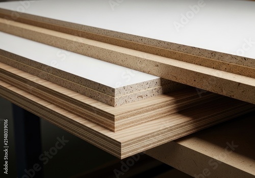 Stack of Particle Board Sheets with White Laminate Overlay.