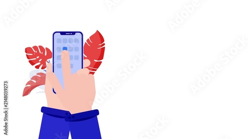 Flat vector animation of hands holding smartphone, tapping UI grid screen with decorative red monstera leaves. Mobile app, touch gesture concept on green chroma key, white, and dark background.