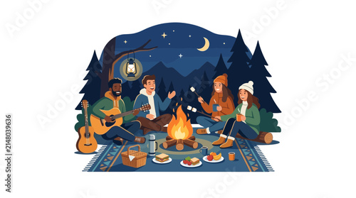 Friends enjoying campfire with guitar and s'mores under starry night