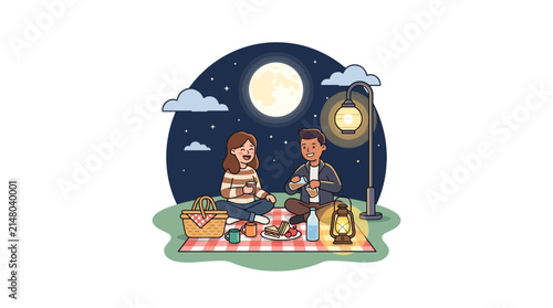 Couple Enjoying Night Picnic Under Full Moon