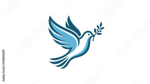 Stylized blue dove bird carrying olive branch, isolated