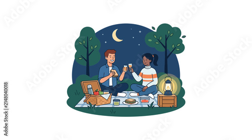 Couple Enjoying Night Picnic Under Crescent Moon