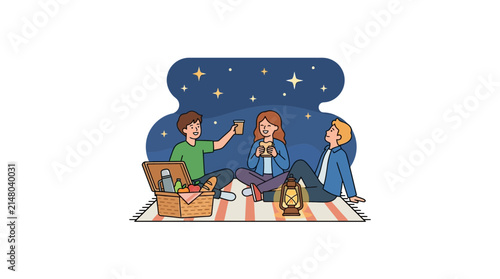 Friends enjoying a starry night picnic outdoors.