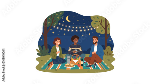 Friends enjoying a nighttime picnic under string lights