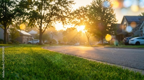 A serene neighborhood setting with designated bike paths and rainwater harvesting systems for a greener healthier community, blurred background.