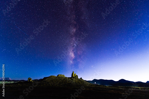 Himalayan peaks and star trails above Peiku Tso in Shigatse, Tibet Autonomous Region, China.
