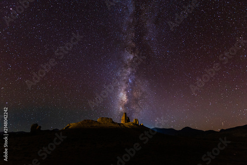 Himalayan peaks and star trails above Peiku Tso in Shigatse, Tibet Autonomous Region, China.
