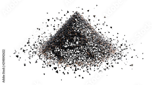 Pile of Black Sand: A small, conical pile of glistening black sand, possibly volcanic, sits against a stark white background, with individual grains scattered around its base, suggesting a natural.