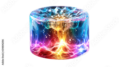 Abstract Energy Vortex: A vibrant, multidimensional vortex of light and color swirls in a cylindrical form, suggesting powerful cosmic forces and unknown energy.
