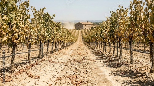 French countryside vineyard rows curl in dry soil beneath a blazing midday sun with heat haze