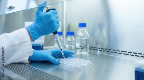 Medium shot of precise pipetting action inside a biosafety level 2 laminar flow hood with gloved fingers in focus.