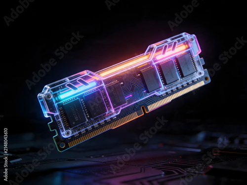 Futuristic RGB computer RAM memory module floating with glowing neon lights, PC gaming hardware concept