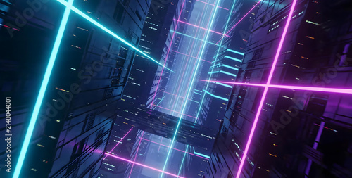 Futuristic cyberpunk city skyscrapers with neon blue and pink light grid, low angle view of night megacity
