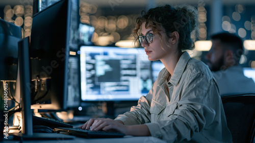 Focused Coder at Work: A young woman with glasses intently types on a keyboard in a dimly lit office environment, illuminated by the glow of multiple computer screens displaying lines of code.