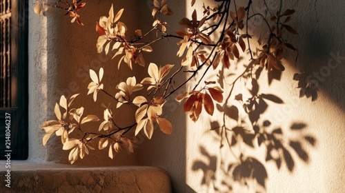 A photorealistic scene of autumn leaves and dappled sunlight casting delicate shadows on a warm textured wall, creating a serene and natural composition with ample copy space.