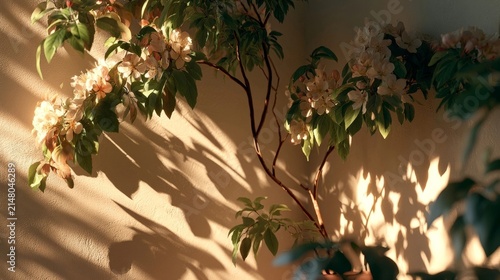 A photorealistic scene of blooming branches casting delicate leaf shadows on a warm textured wall under soft late-afternoon sunlight.